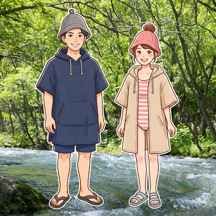 サウナ利用時の服装の例。サウナハット、ポンチョ、水着、サンダルを着用